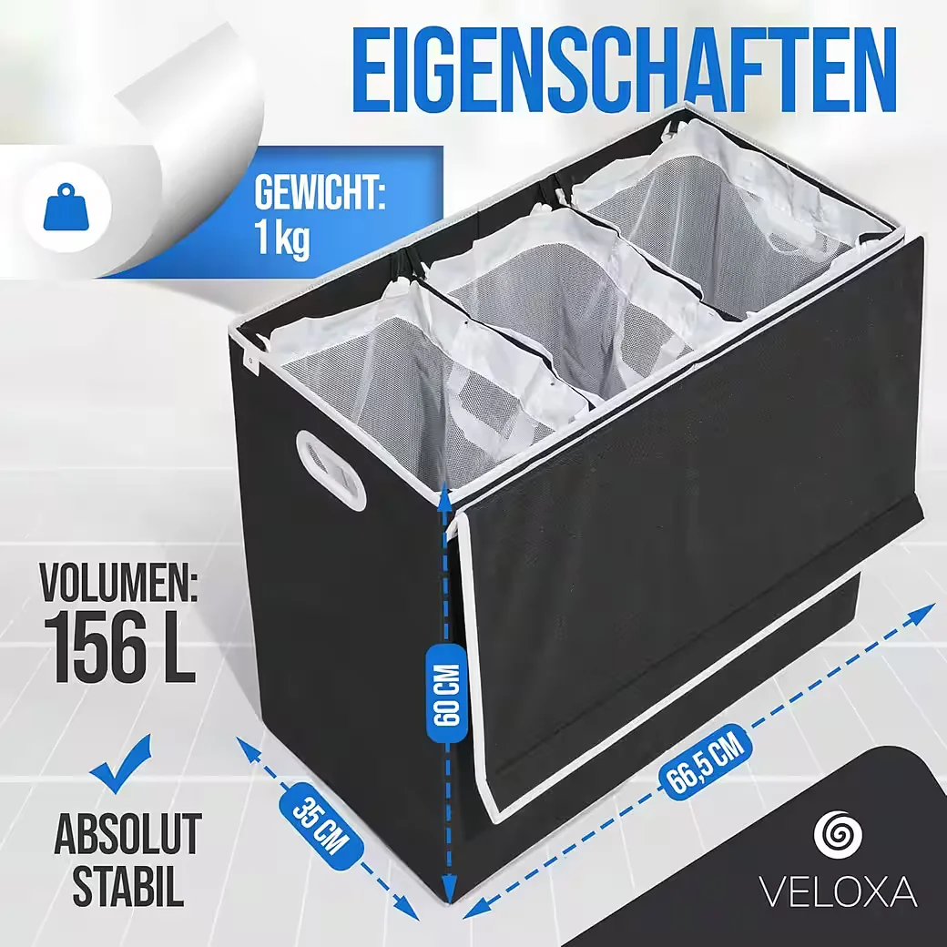 COFI 1453 Wäschesammler 3 Fächer 156 L mit Deckel, Magnetverschluss