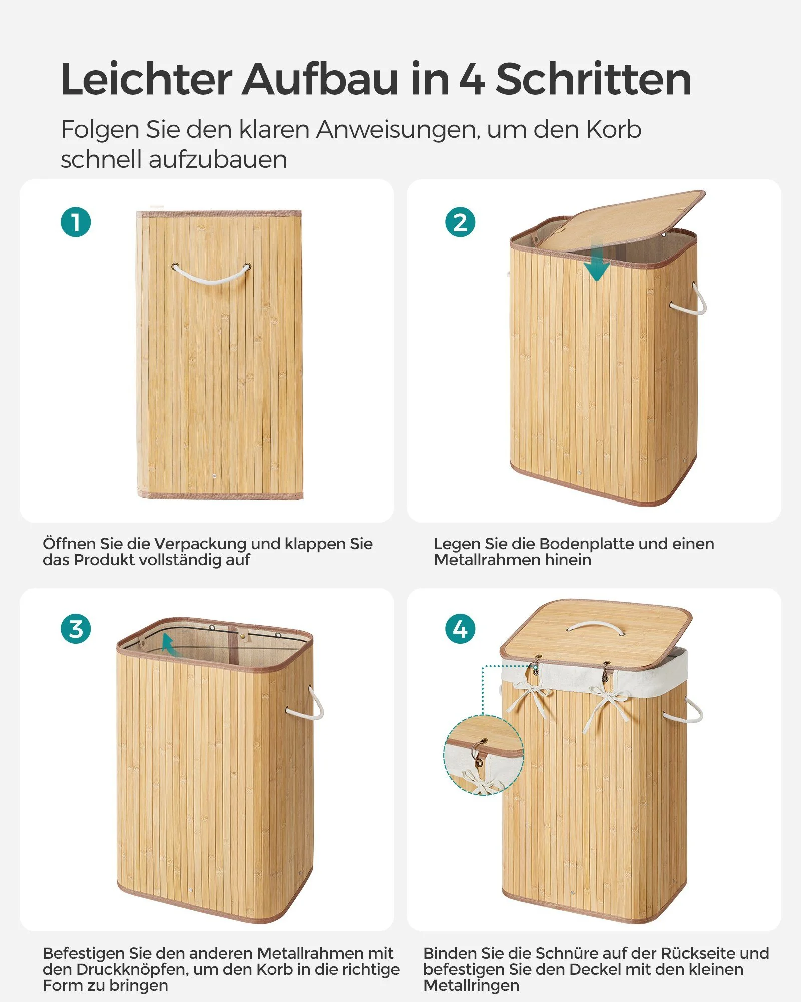 SONGMICS Wäschekorb Bambus mit Deckel, faltbar, Wäschesammler