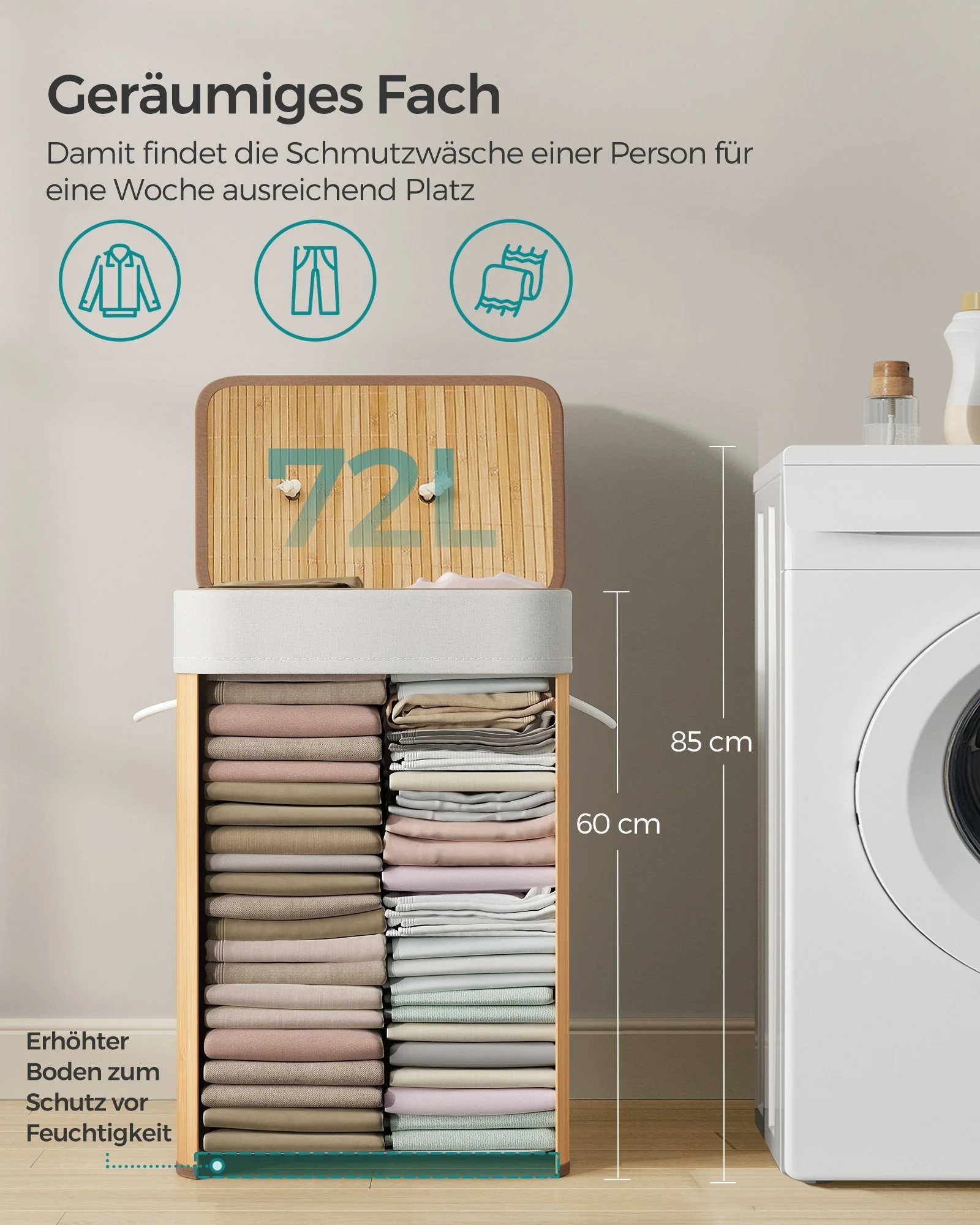 SONGMICS Wäschekorb Bambus mit Deckel, faltbar, Wäschesammler