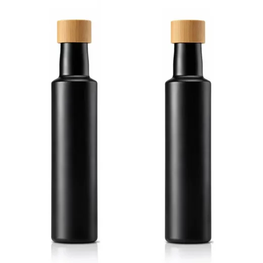 MIKKEN Ölspender Set 2x 250 ml Glas schwarz Alu-Holzdeckel Etiketten