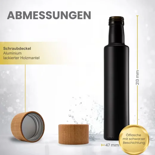 MIKKEN Ölspender Set 2x 250 ml Glas schwarz Alu-Holzdeckel Etiketten