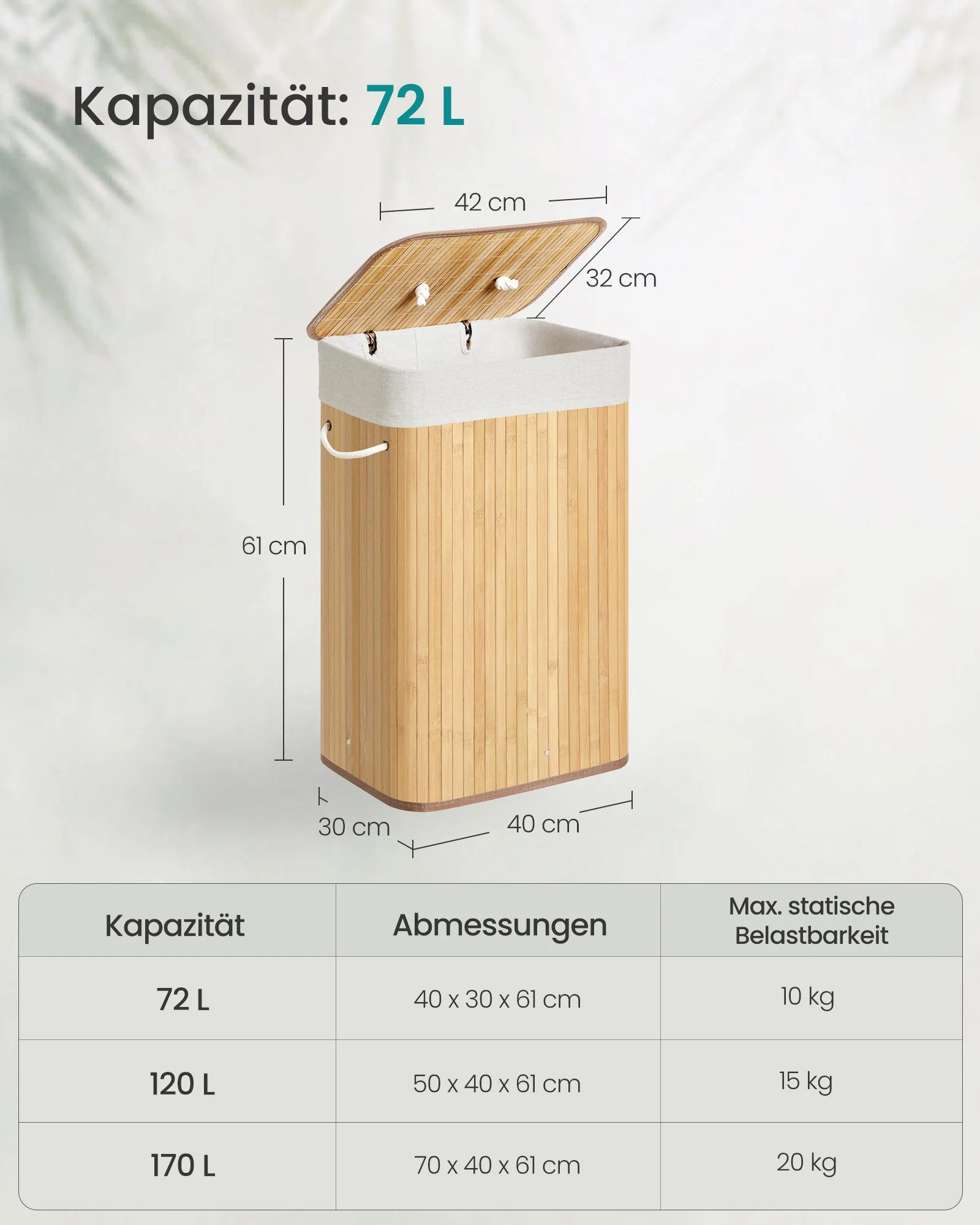 SONGMICS Wäschekorb Bambus mit Deckel, faltbar, Wäschesammler